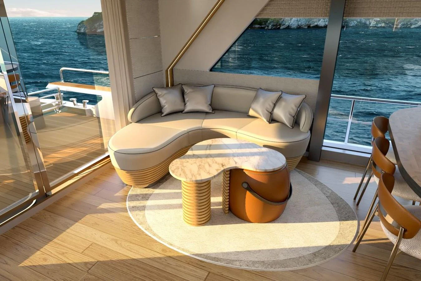 The salon features a stylish curved sofa with a marble coffee table, offering a luxurious space to relax while enjoying the ocean view. aboard VOYAGE 90 Yacht for Sale