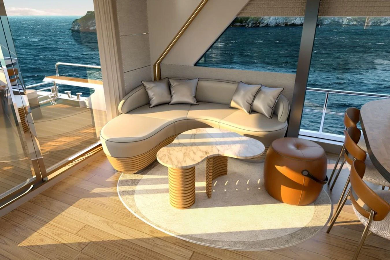 The salon features a stylish curved sofa with a marble coffee table, offering a luxurious space to relax while enjoying the ocean view. aboard VOYAGE 90 Yacht for Sale