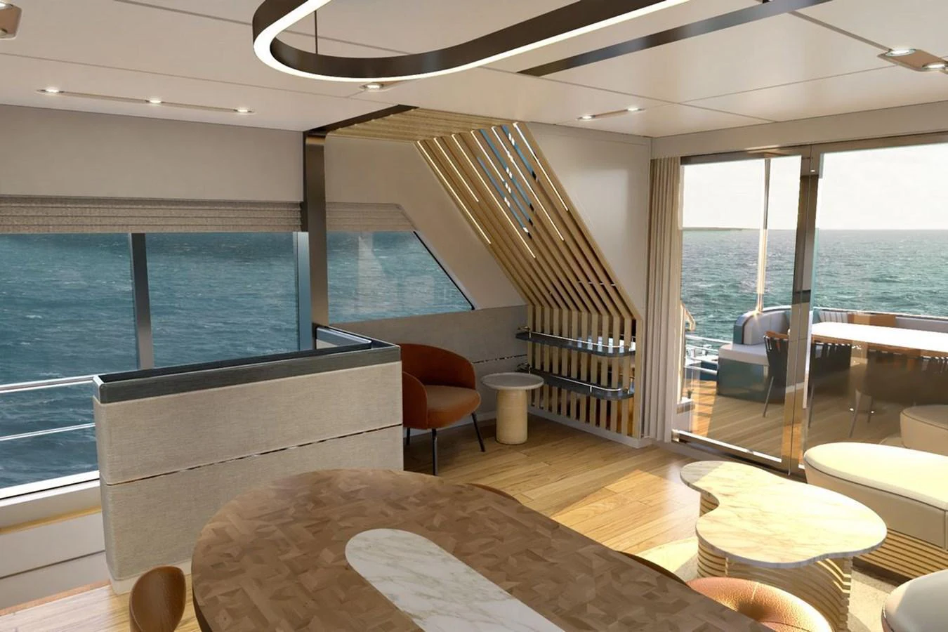 The salon features modern furnishings with ample natural light and ocean views. aboard VOYAGE 90 Yacht for Sale