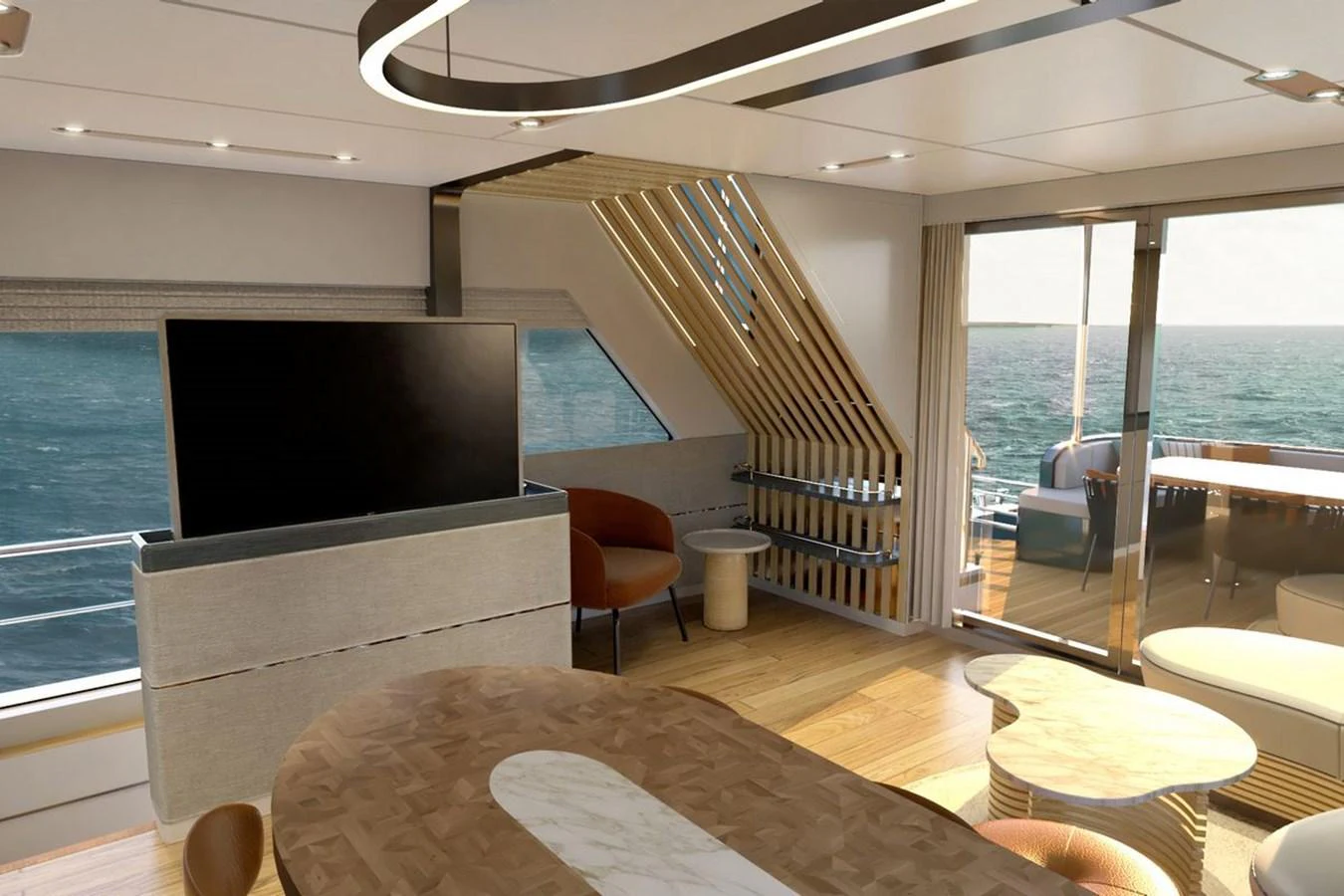 The salon features modern furnishings with ample natural light and a view of the sea. aboard VOYAGE 90 Yacht for Sale