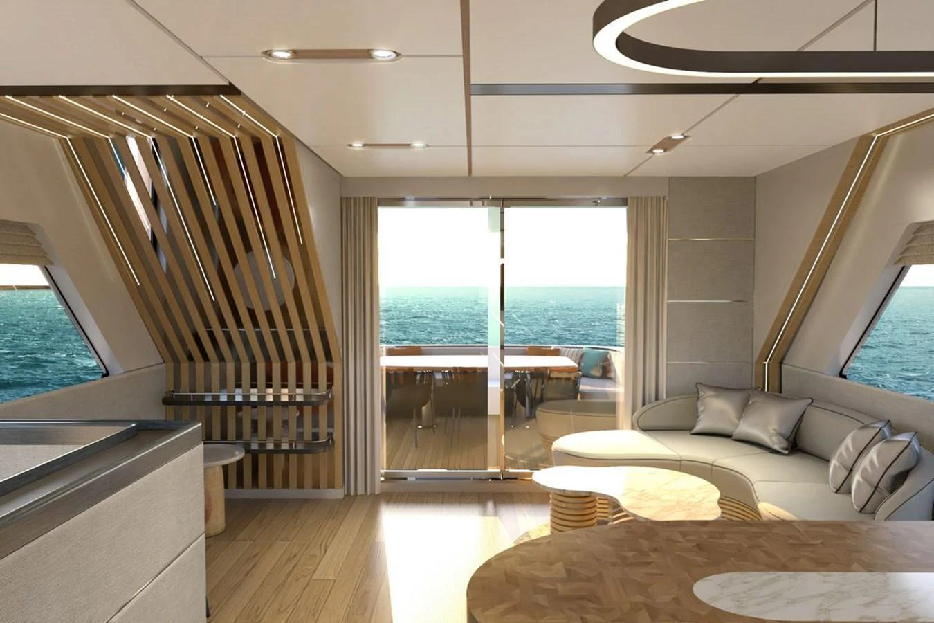 The yacht's interior features a modern and spacious lounge area with large windows offering stunning ocean views. aboard VOYAGE 90 Yacht for Sale