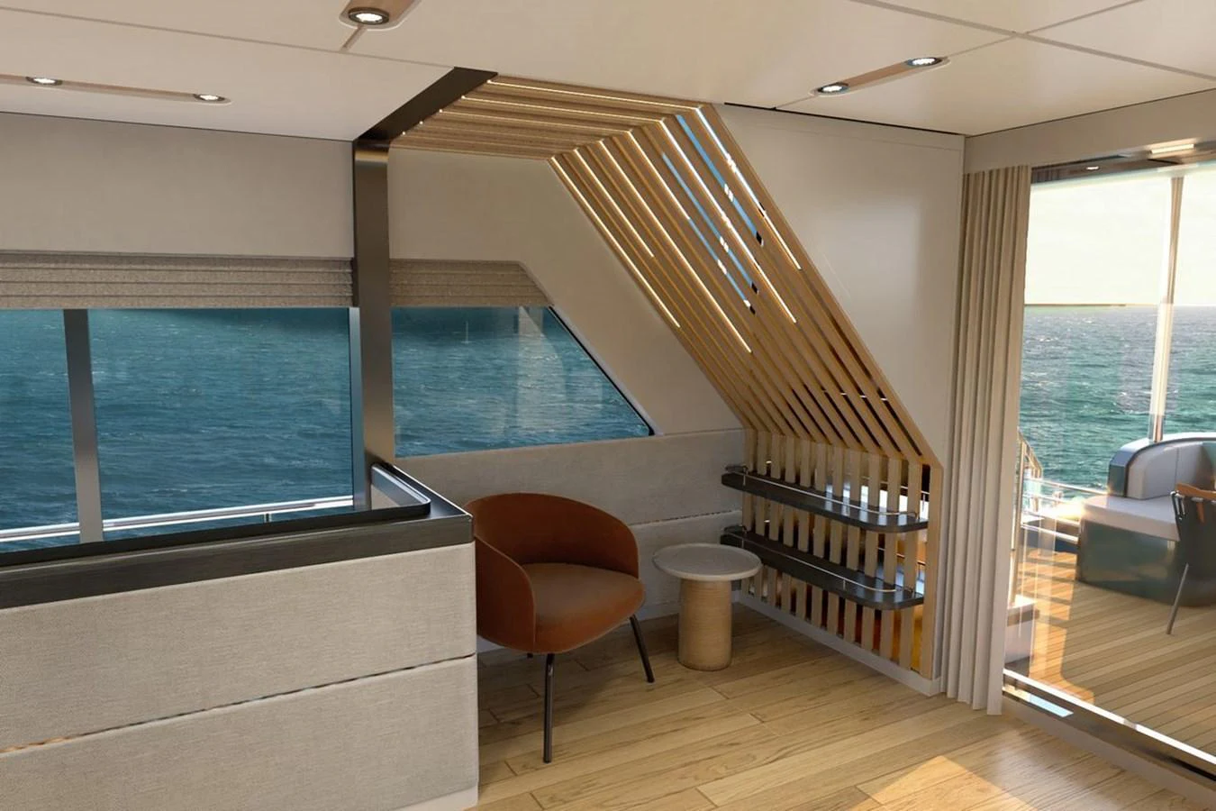 The yacht's interior features a cozy seating area with modern design elements and large windows offering stunning ocean views. aboard VOYAGE 90 Yacht for Sale
