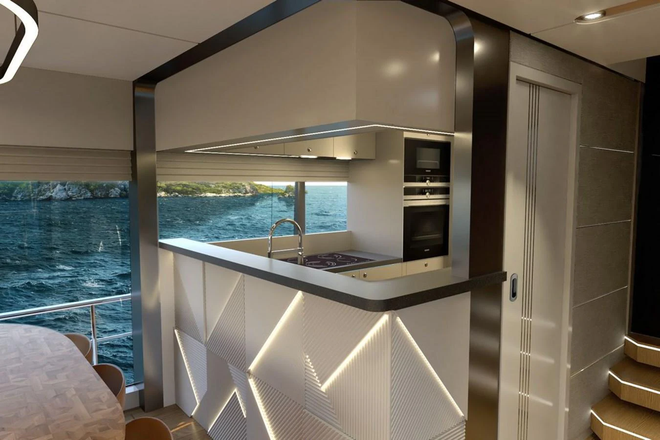 A modern galley with sleek design and ample natural light from large windows. aboard VOYAGE 90 Yacht for Sale