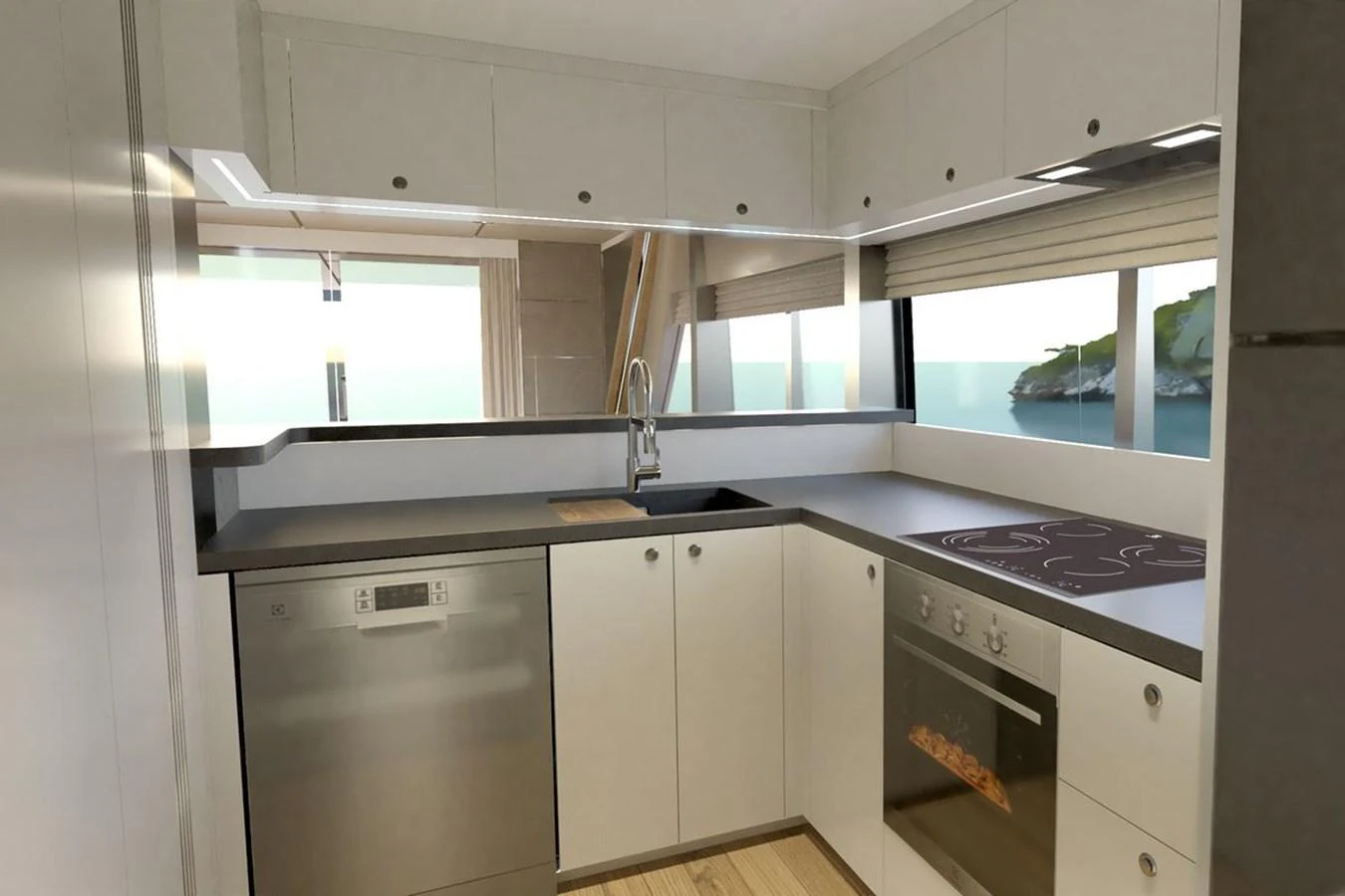 The yacht's galley features modern appliances and a sleek design with ample natural light. aboard VOYAGE 90 Yacht for Sale