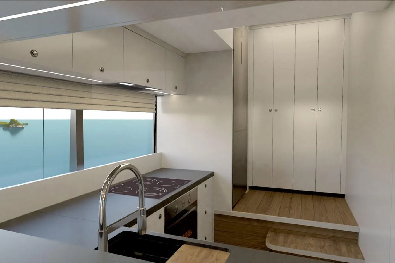 The yacht's galley features modern appliances and a sleek design with ample storage space. aboard VOYAGE 90 Yacht for Sale