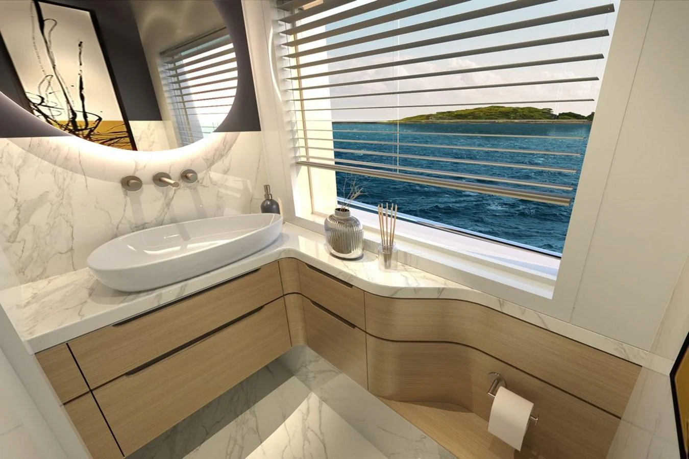 A luxurious yacht bathroom with a large window offering a stunning sea view. aboard VOYAGE 90 Yacht for Sale