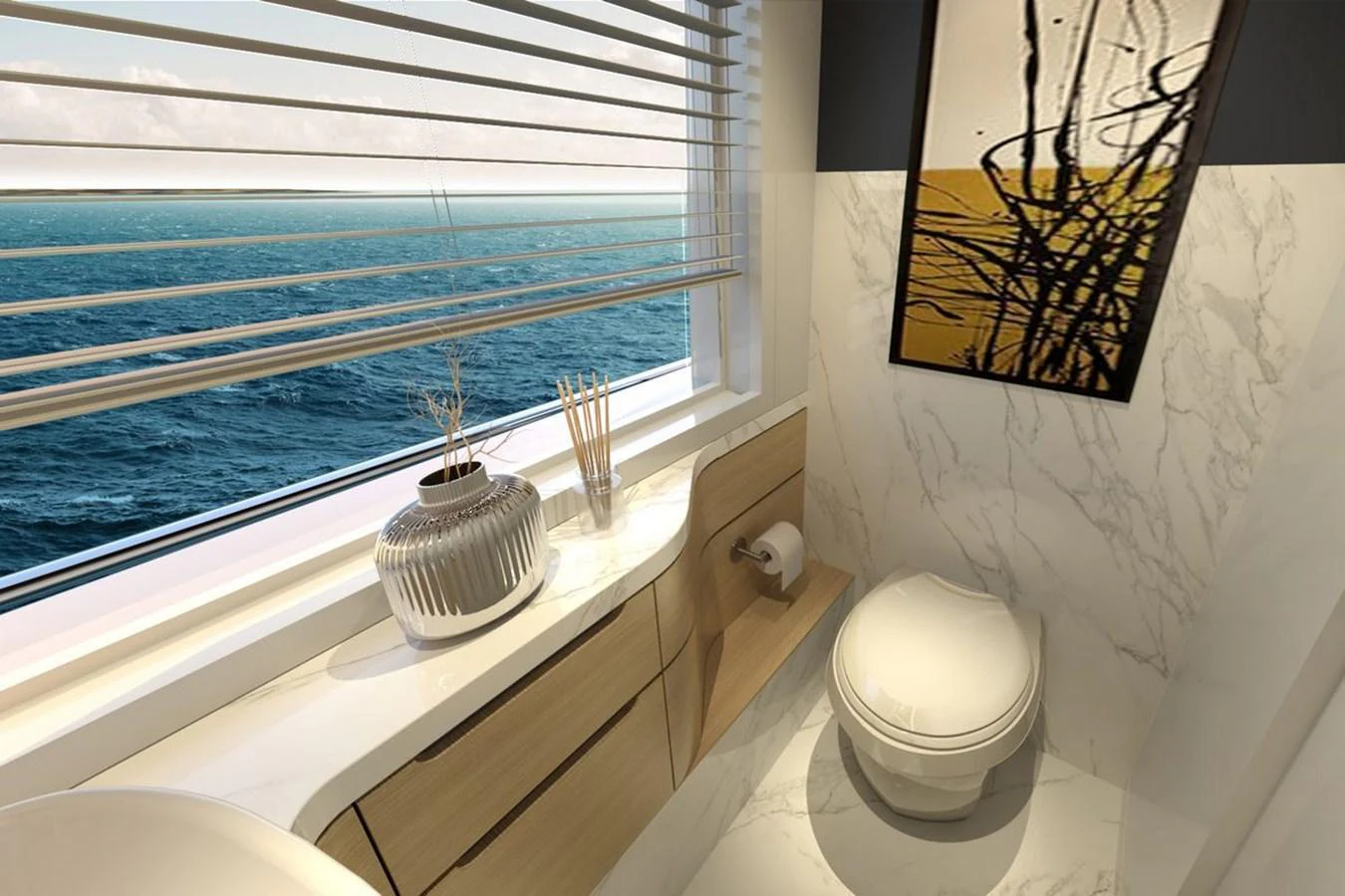 A stylish bathroom with a sea view through the window. aboard VOYAGE 90 Yacht for Sale