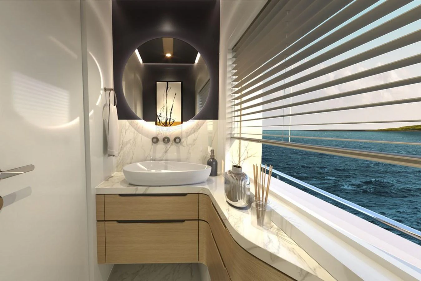 A modern bathroom with a large window offering a stunning ocean view. aboard VOYAGE 90 Yacht for Sale