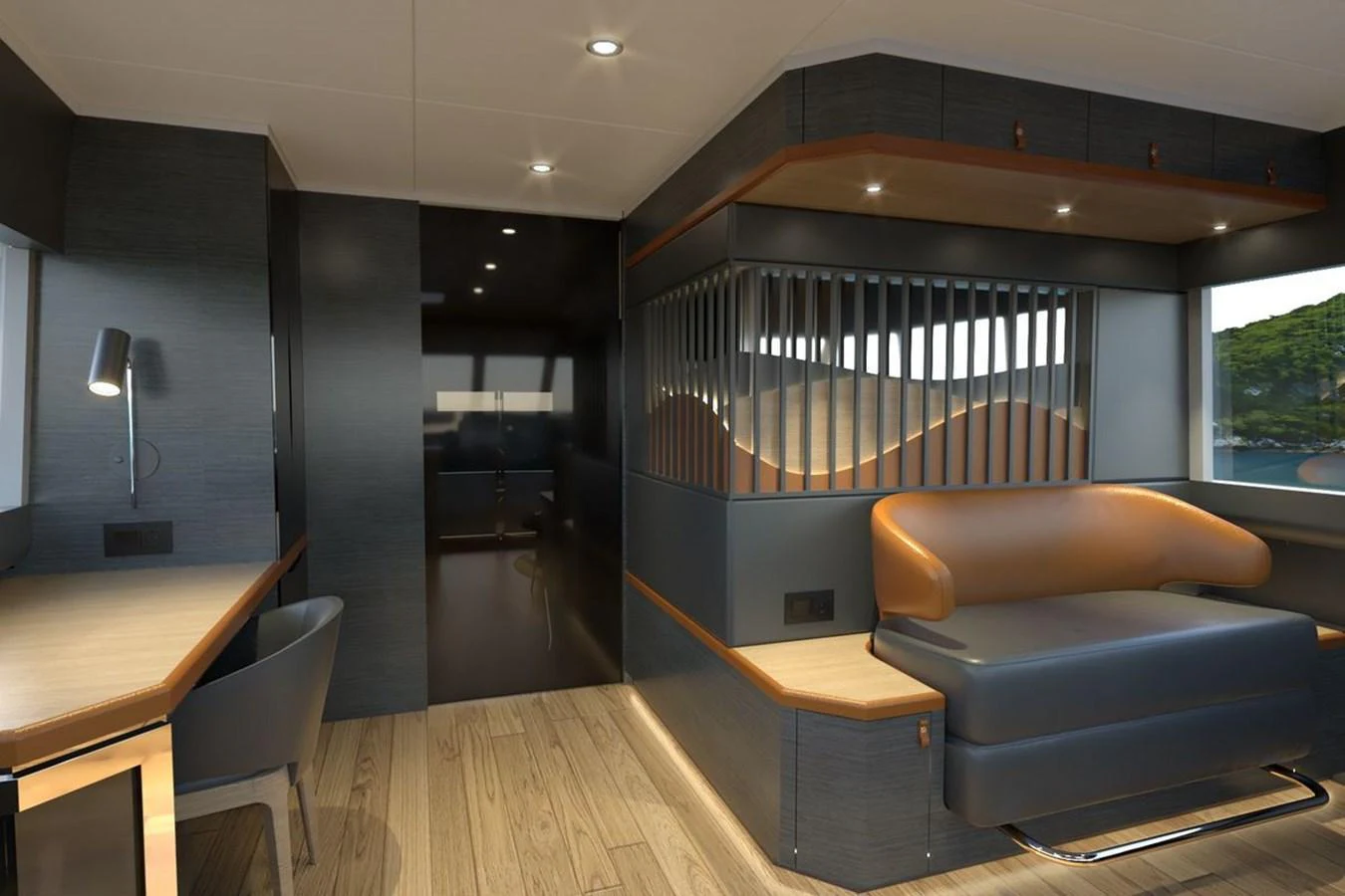 The yacht's interior features a modern and stylish design with a comfortable seating area and a work desk. aboard VOYAGE 90 Yacht for Sale