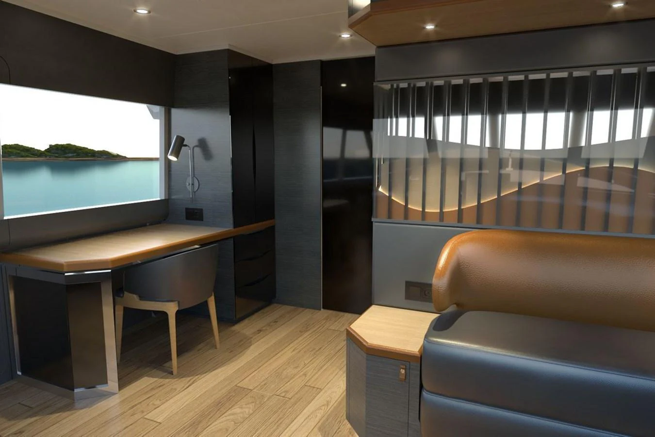 The yacht's interior features a modern workspace with sleek furnishings and ample natural light. aboard VOYAGE 90 Yacht for Sale