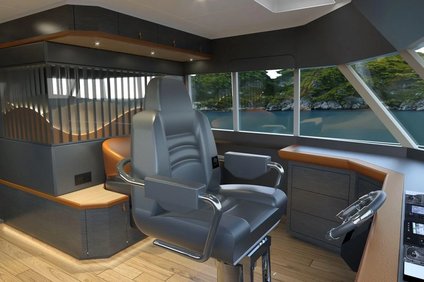 The helm station offers a commanding view with luxurious seating and modern controls. aboard VOYAGE 90 Yacht for Sale