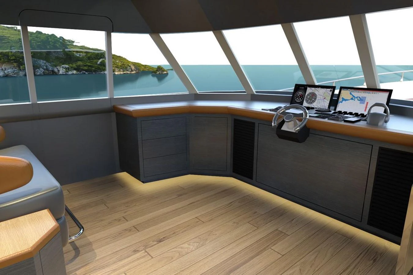 The helm station offers a modern and sleek design with advanced navigation equipment and panoramic views. aboard VOYAGE 90 Yacht for Sale