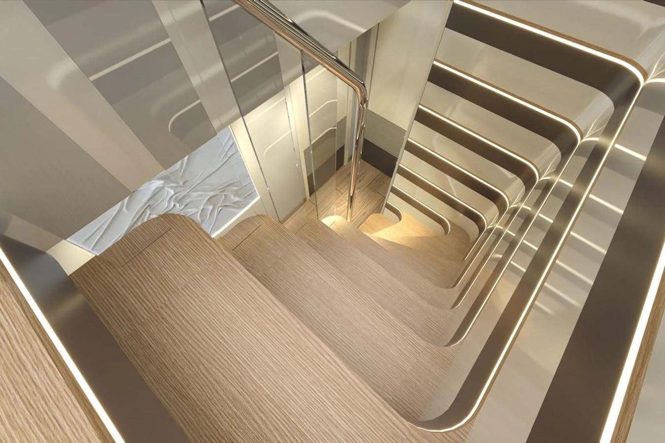 A modern and sleek staircase with elegant lighting and wooden steps. aboard VOYAGE 90 Yacht for Sale