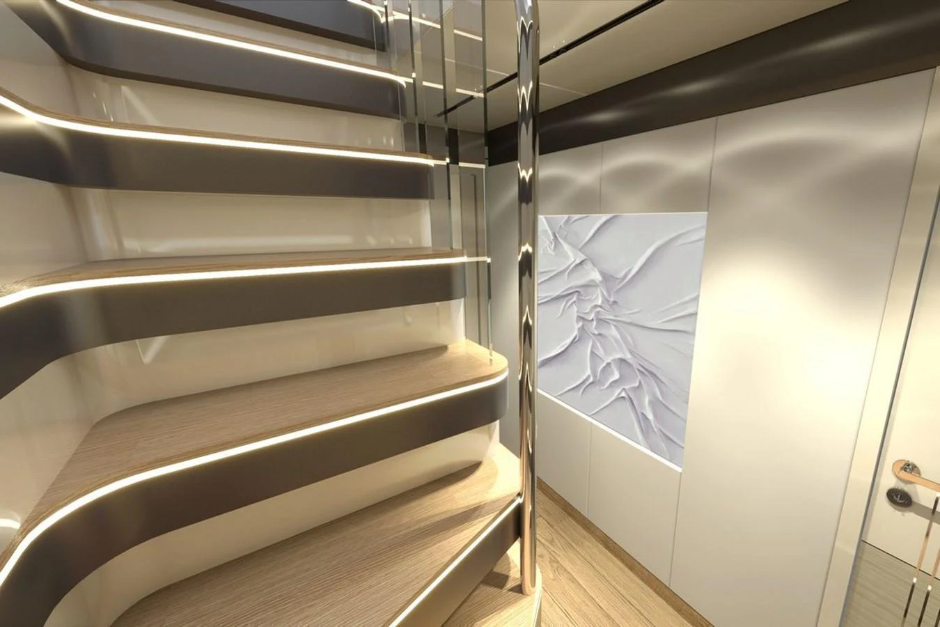 A modern yacht interior featuring a sleek, illuminated staircase with contemporary design elements. aboard VOYAGE 90 Yacht for Sale