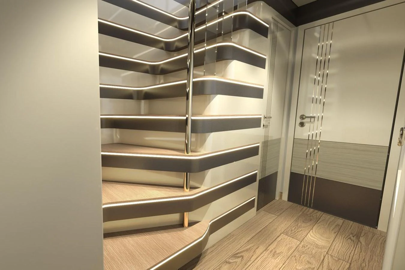 A modern and elegant staircase with ambient lighting leads to the upper deck. aboard VOYAGE 90 Yacht for Sale