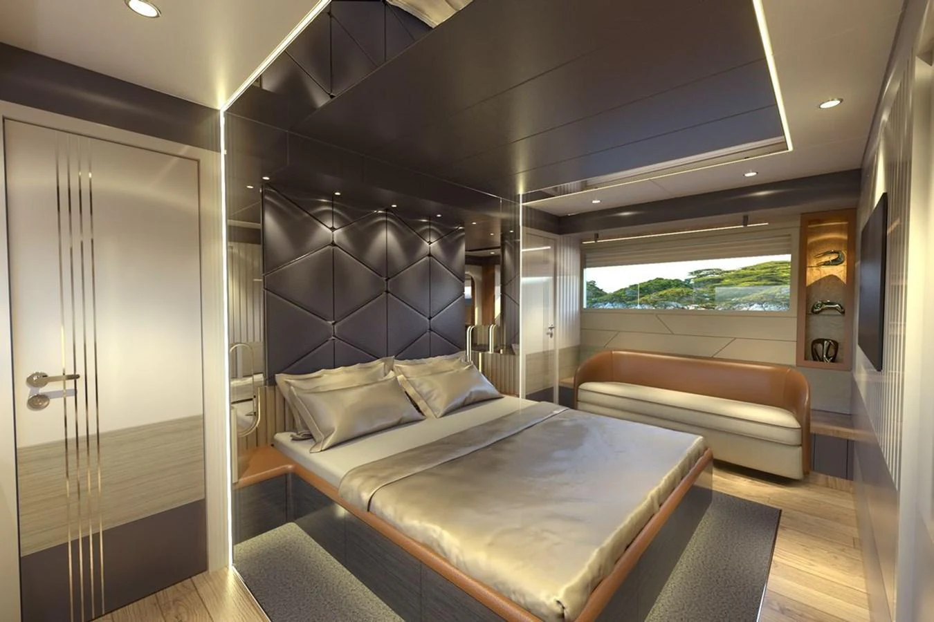 The master stateroom features a luxurious bed, modern decor, and ample natural light. aboard VOYAGE 90 Yacht for Sale