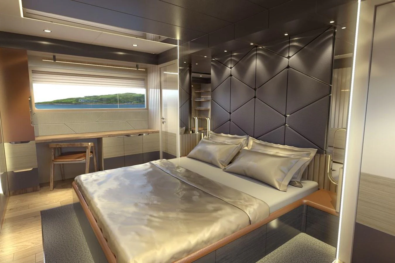 The stateroom features a luxurious bed with elegant bedding and modern lighting. aboard VOYAGE 90 Yacht for Sale