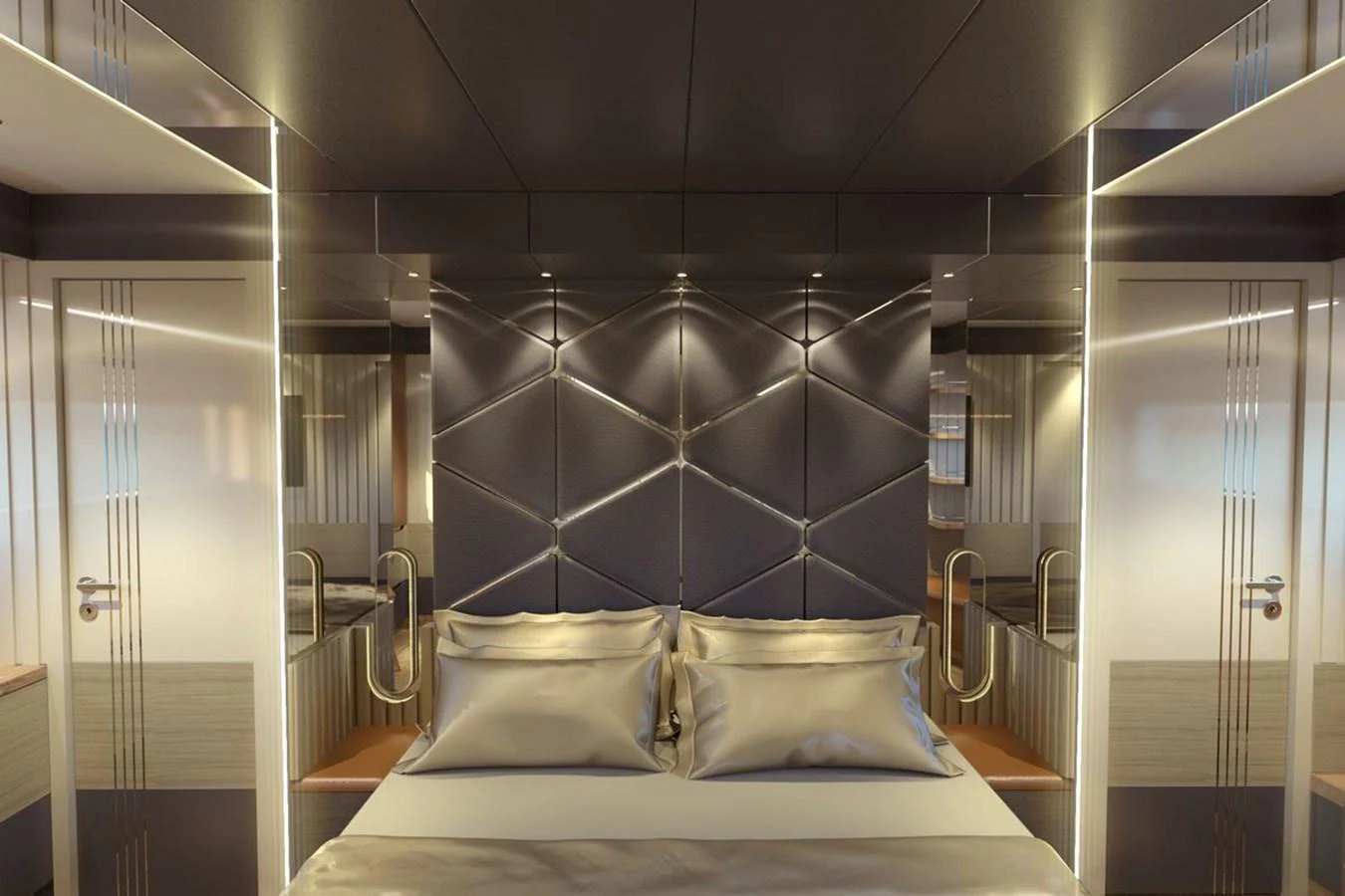 The luxurious stateroom features a plush bed with elegant lighting and modern decor. aboard VOYAGE 90 Yacht for Sale