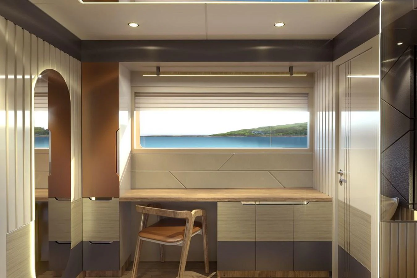 The yacht's office space features a sleek design with a large window offering a serene sea view. aboard VOYAGE 90 Yacht for Sale