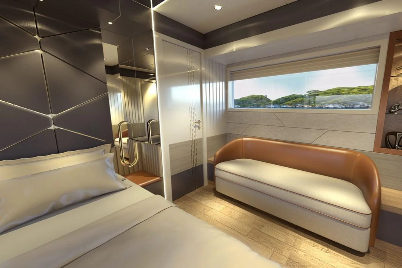 The stateroom features a modern design with a comfortable bed and a cozy seating area. aboard VOYAGE 90 Yacht for Sale