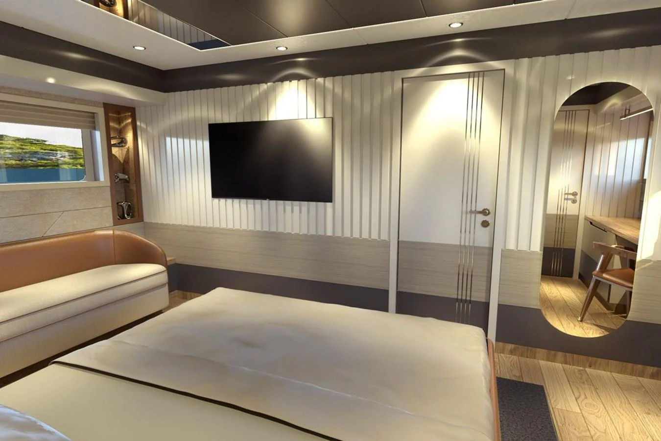 A luxurious stateroom featuring a large bed, a wall-mounted TV, and elegant decor. aboard VOYAGE 90 Yacht for Sale
