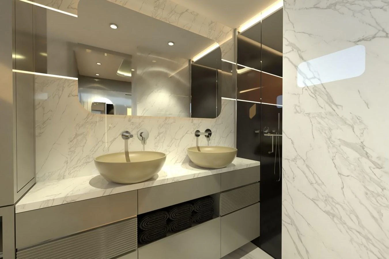 The yacht's bathroom features a luxurious double vanity with modern fixtures and elegant marble finishes. aboard VOYAGE 90 Yacht for Sale