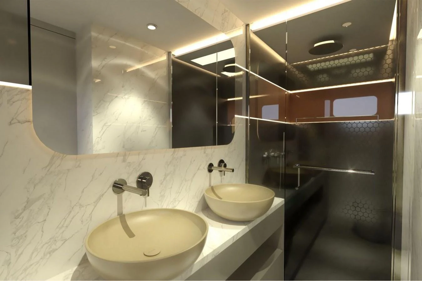 The yacht's bathroom features modern fixtures with a sleek, contemporary design. aboard VOYAGE 90 Yacht for Sale