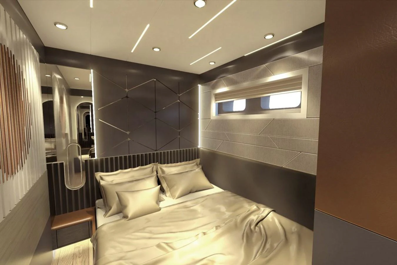 The stateroom features a luxurious bed with modern lighting and elegant decor. aboard VOYAGE 90 Yacht for Sale