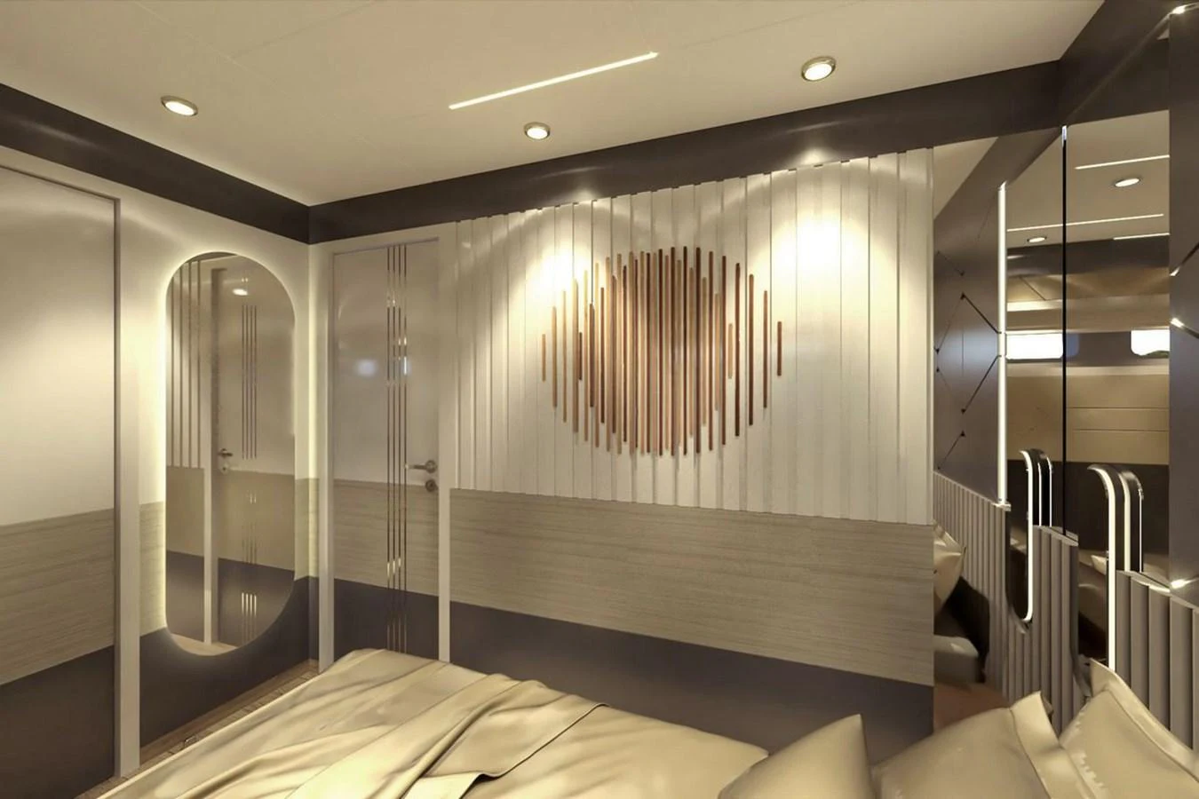 The stateroom features a modern design with elegant lighting and stylish decor. aboard VOYAGE 90 Yacht for Sale