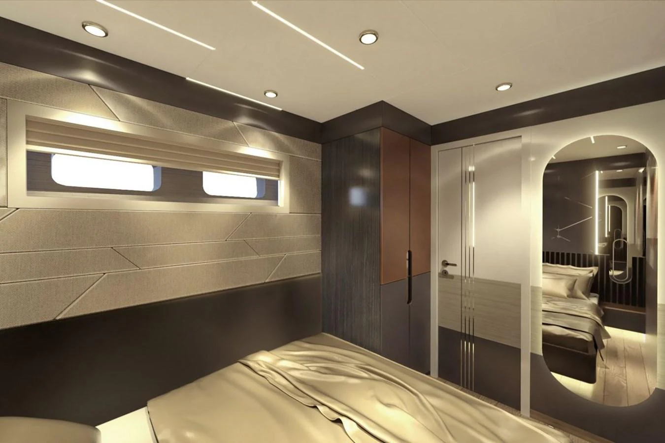 A luxurious stateroom featuring modern design elements and ambient lighting. aboard VOYAGE 90 Yacht for Sale
