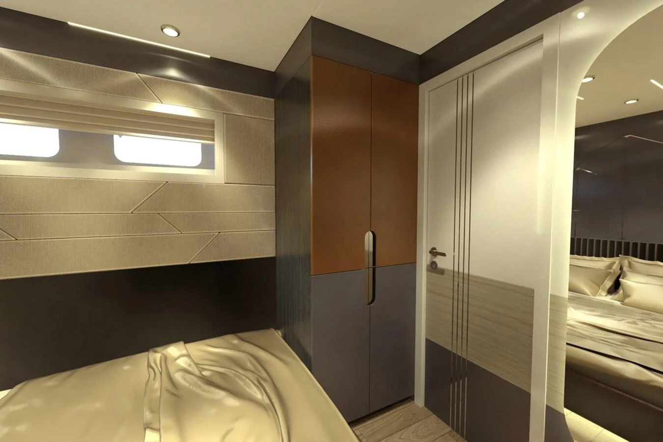 The stateroom features a modern design with sleek finishes and ample natural light. aboard VOYAGE 90 Yacht for Sale