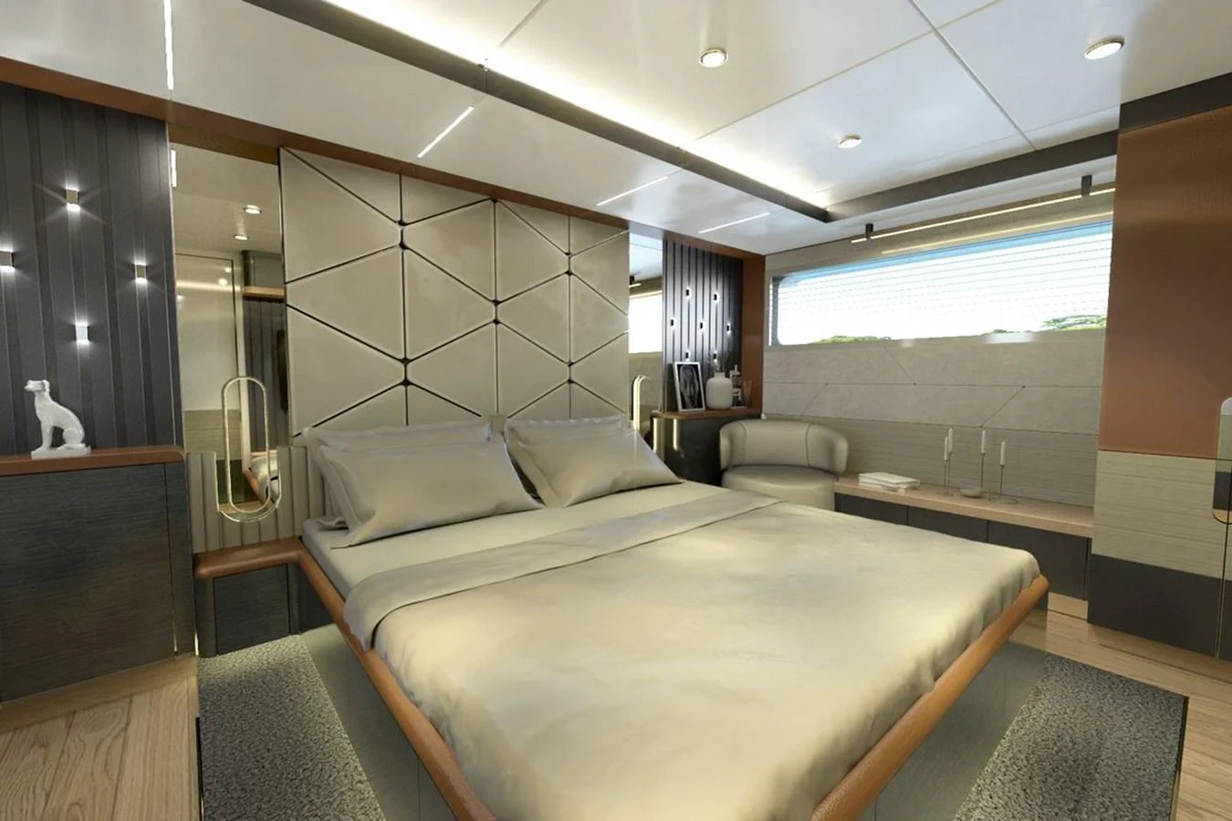 The master stateroom features a luxurious bed with modern decor and ample natural light. aboard VOYAGE 90 Yacht for Sale