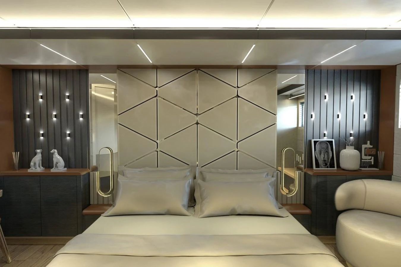 The master stateroom features a luxurious bed with modern decor and ambient lighting. aboard VOYAGE 90 Yacht for Sale