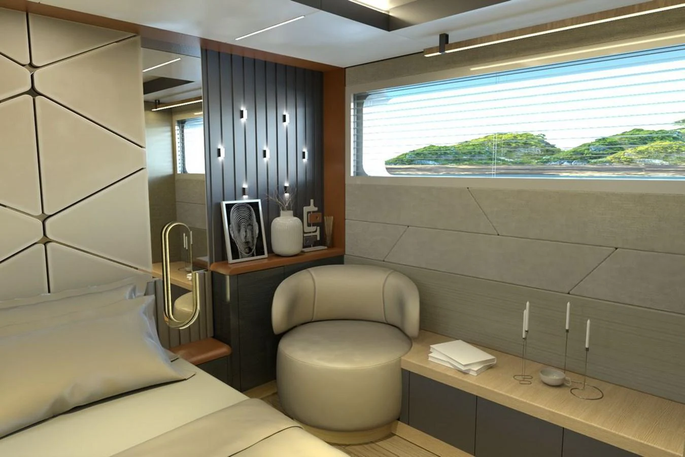 The stateroom features modern decor with a comfortable seating area and ample natural light. aboard VOYAGE 90 Yacht for Sale