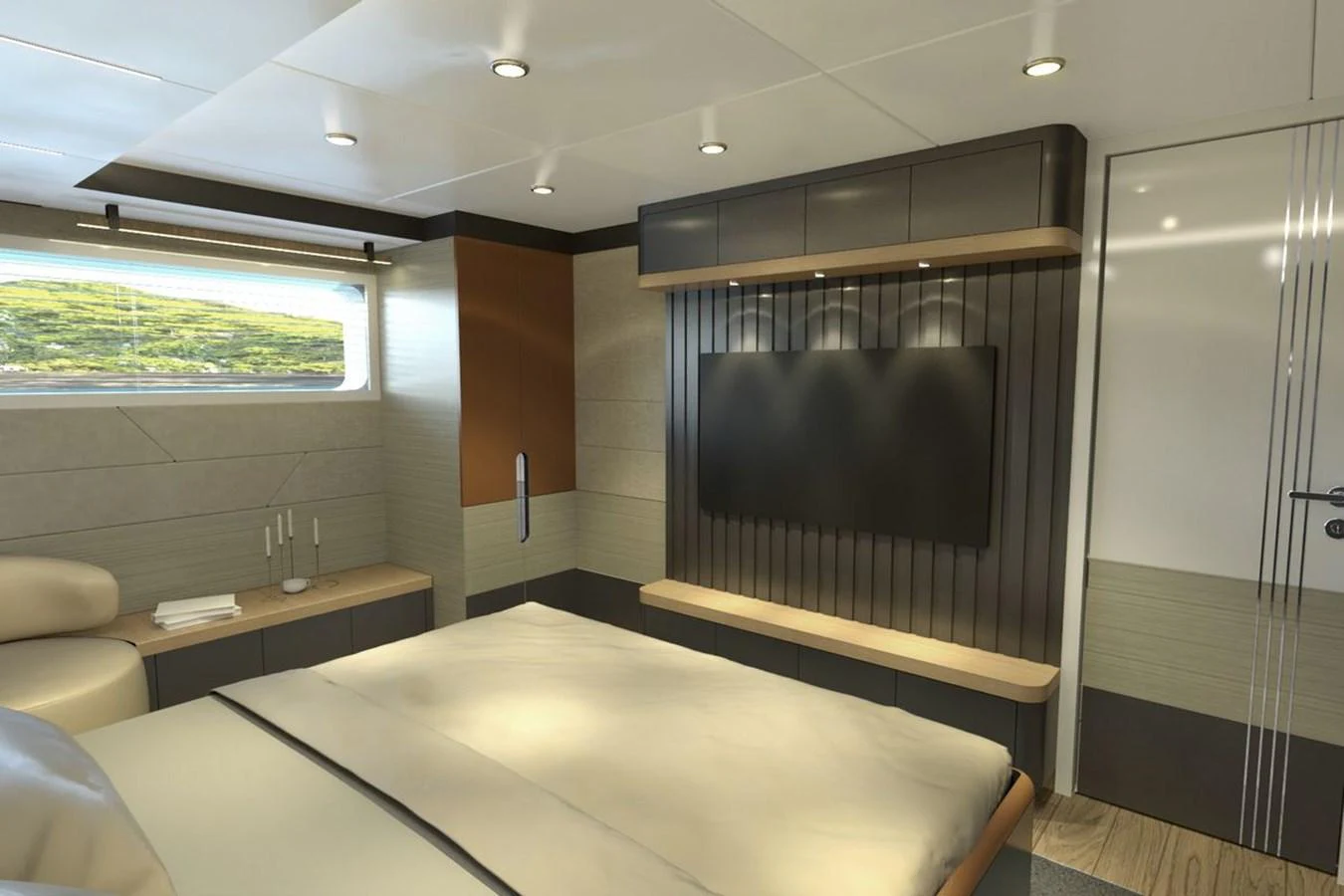 The stateroom features a large bed, modern furnishings, and a flat-screen TV, creating a cozy and luxurious retreat. aboard VOYAGE 90 Yacht for Sale