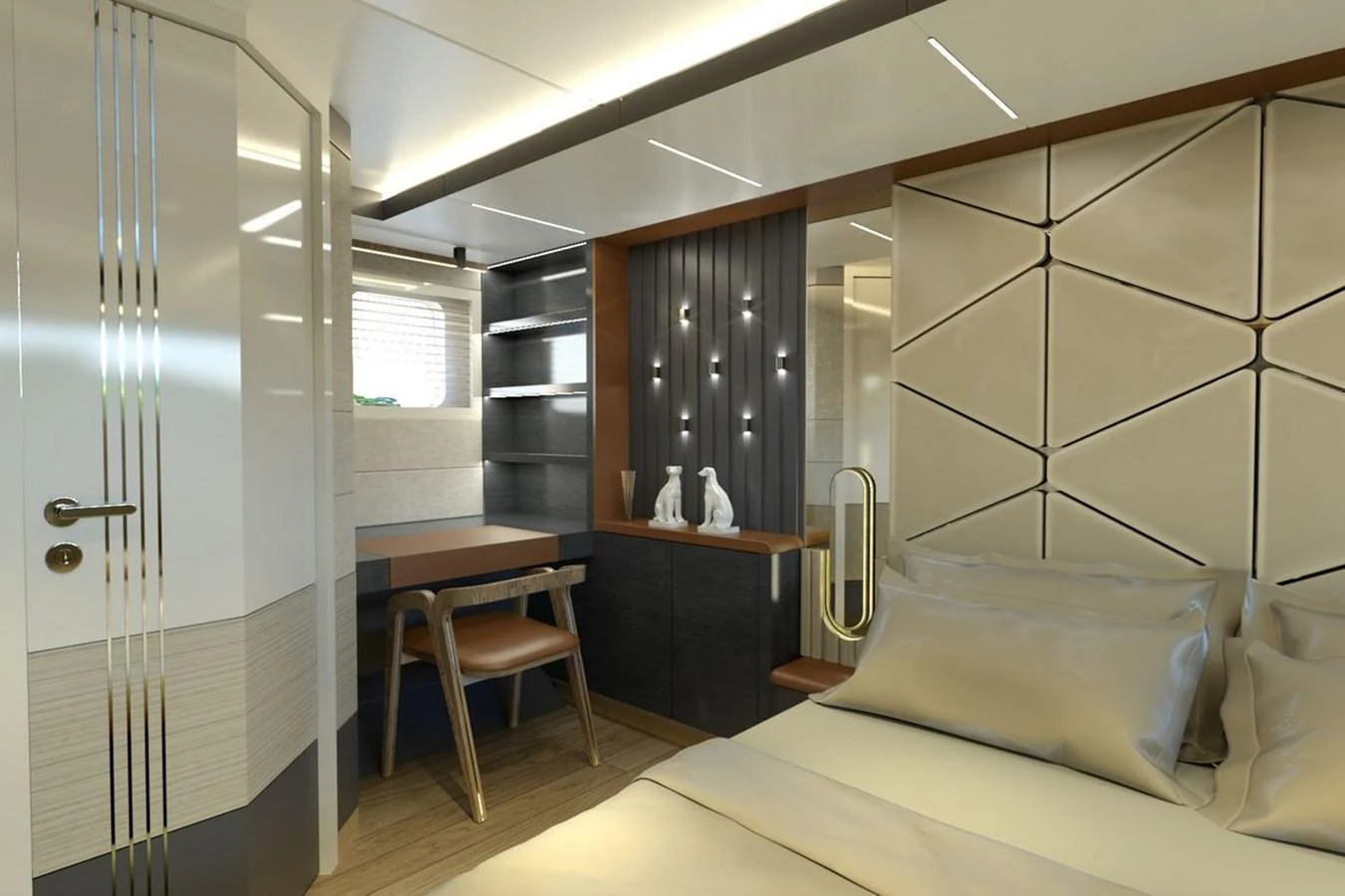 The stateroom features modern decor with elegant furnishings and ambient lighting. aboard VOYAGE 90 Yacht for Sale