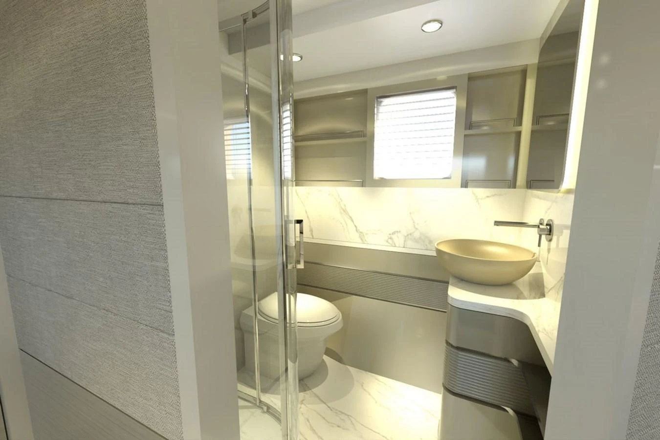 A modern yacht bathroom with sleek fixtures and a glass-enclosed shower. aboard VOYAGE 90 Yacht for Sale