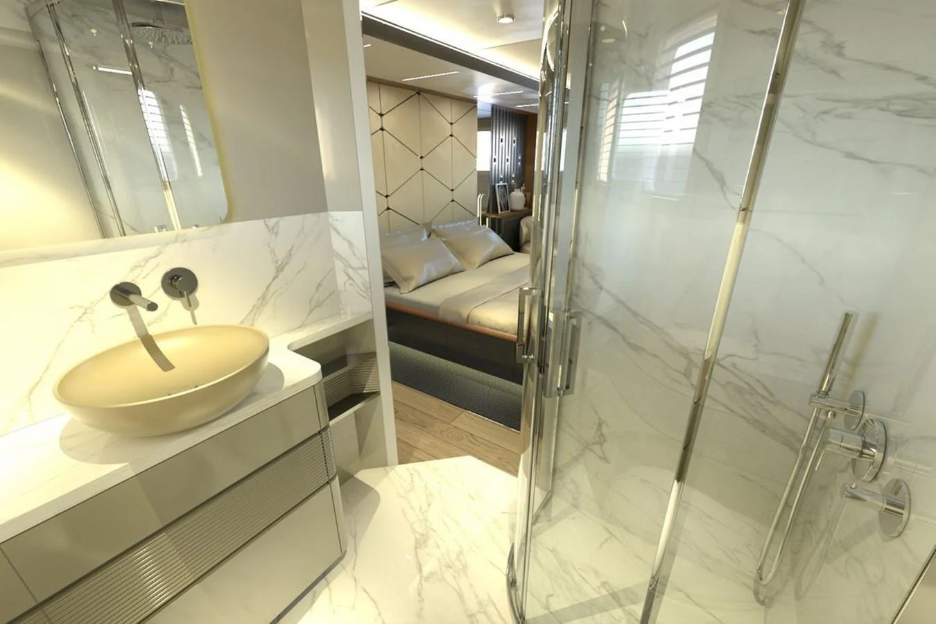 The yacht's bathroom features elegant marble surfaces and a modern shower. aboard VOYAGE 90 Yacht for Sale