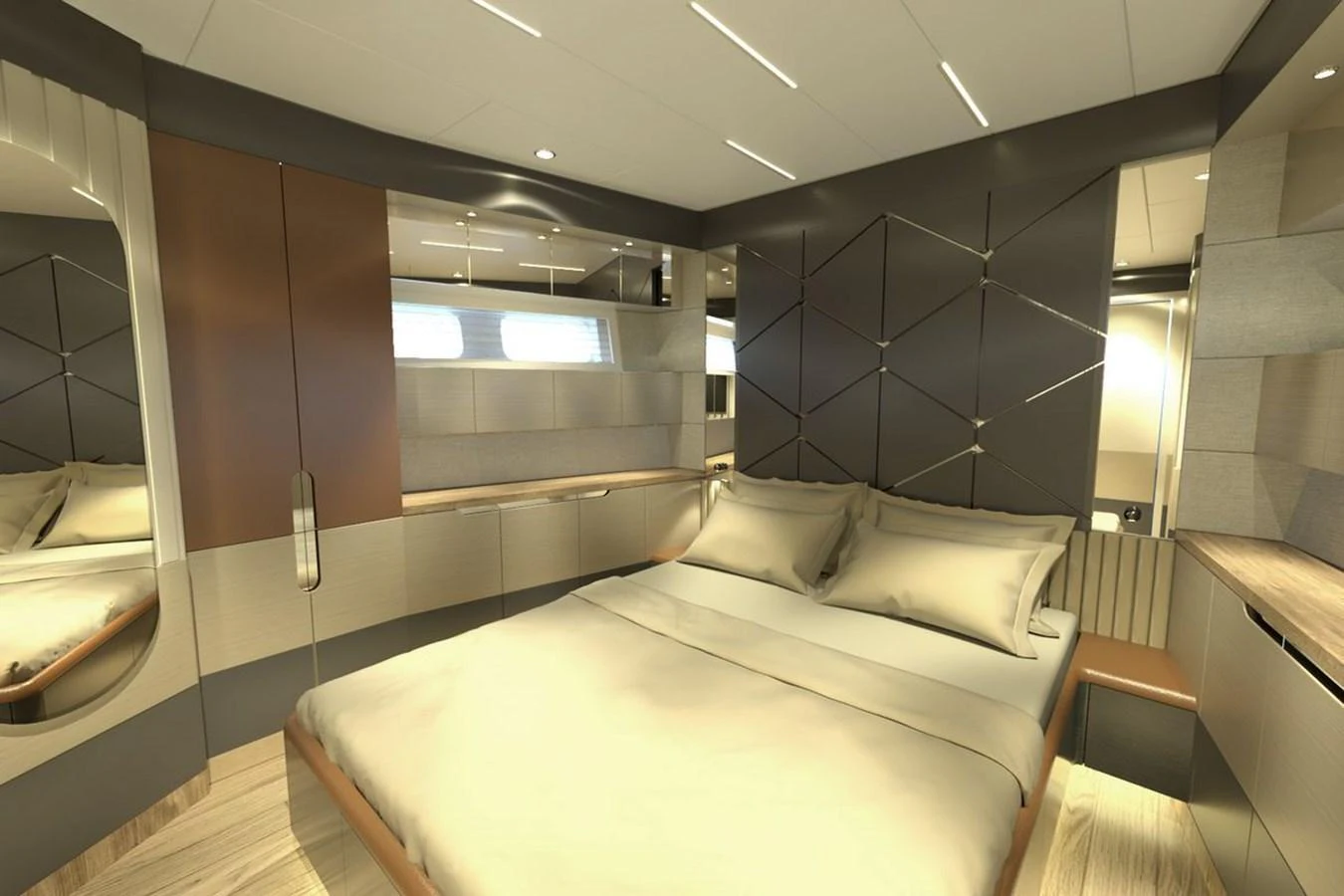 The stateroom features a luxurious bed with modern design elements and ample storage space. aboard VOYAGE 90 Yacht for Sale