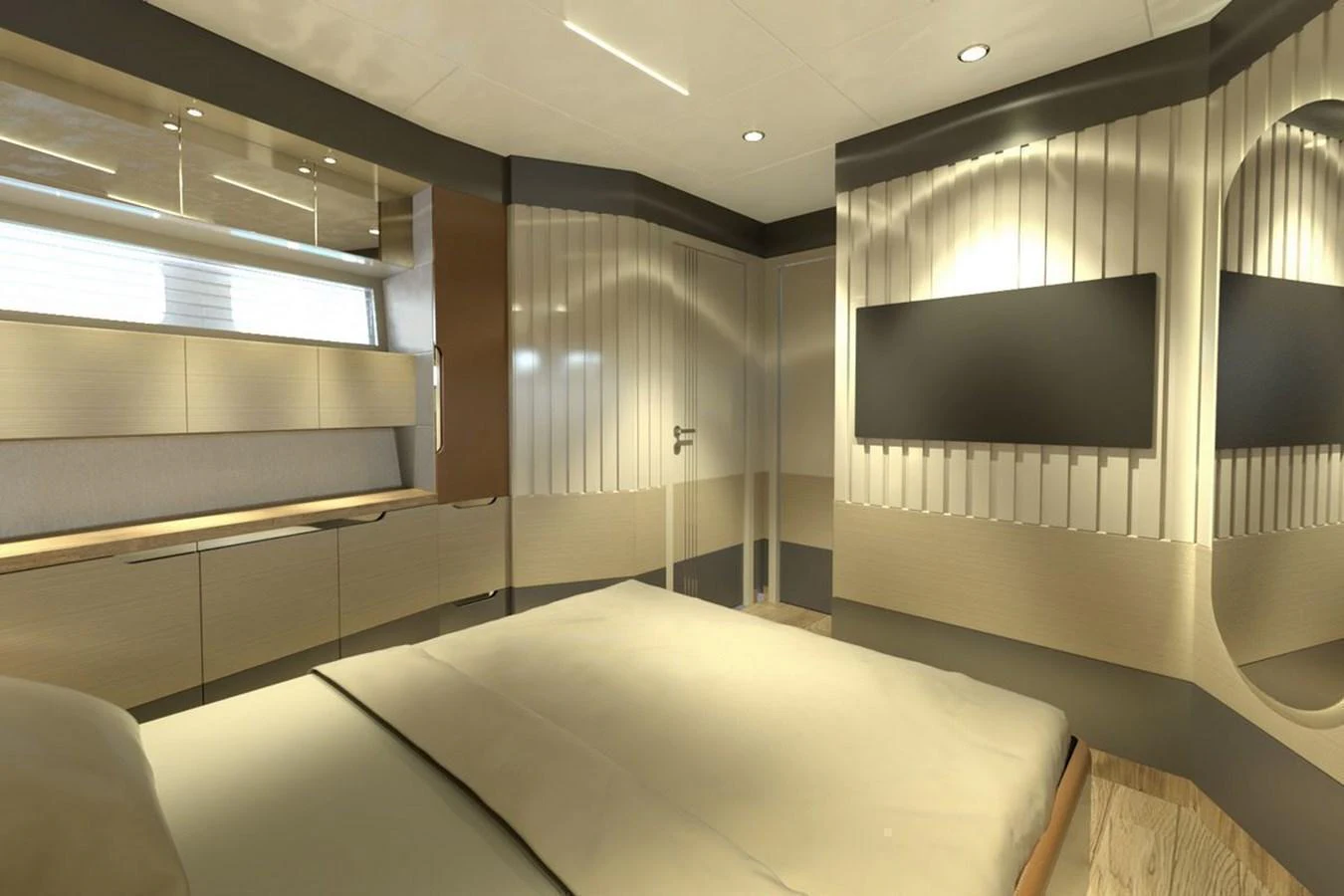 The stateroom features modern design elements with sleek cabinetry and a mounted flat-screen TV. aboard VOYAGE 90 Yacht for Sale