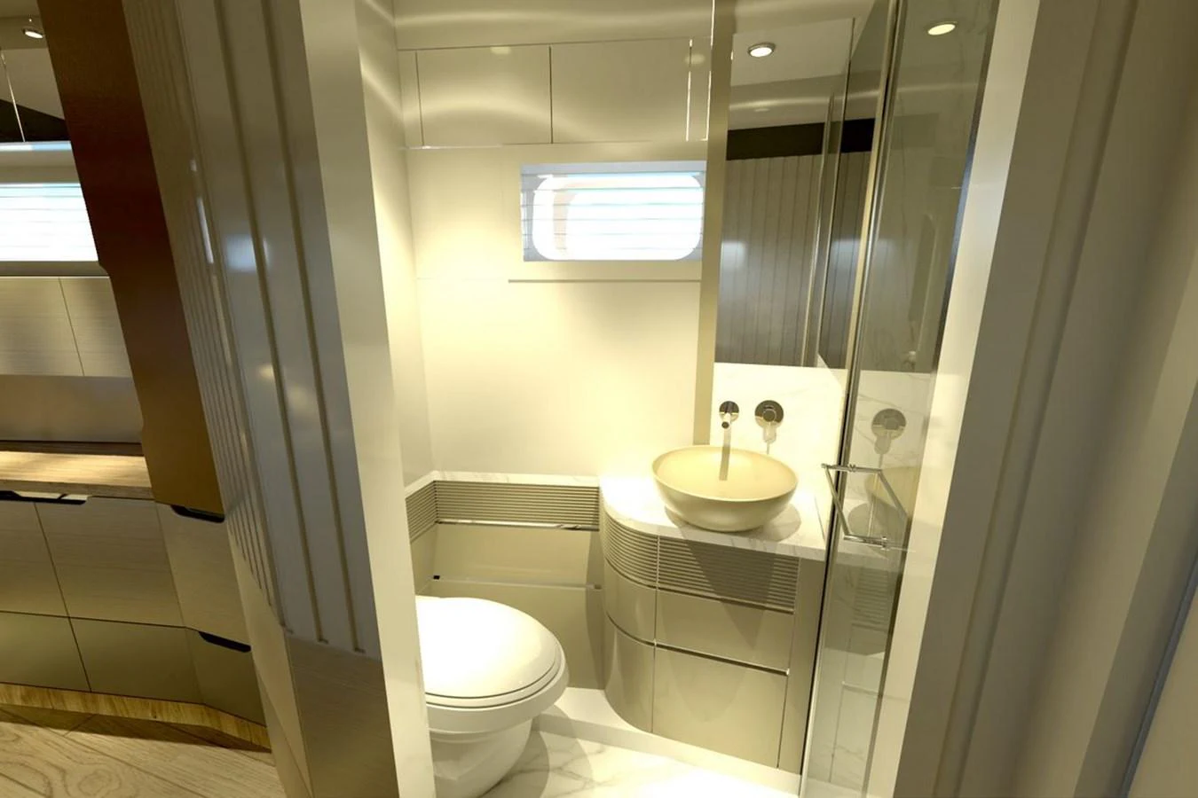 A sleek and modern yacht bathroom with elegant fixtures and ample lighting. aboard VOYAGE 90 Yacht for Sale
