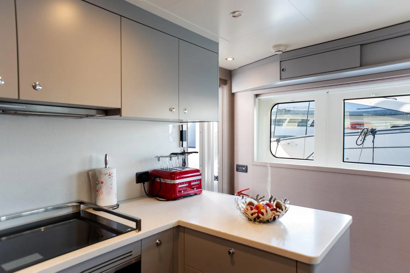The yacht's galley features modern appliances and a sleek design, offering a comfortable space for meal preparation. aboard GRANIL Yacht for Sale
