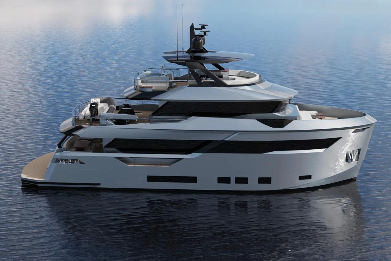 A sleek and modern yacht with multiple decks, cruising on calm waters. aboard AES Yacht for Sale
