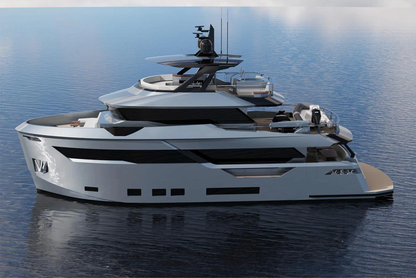 A sleek and modern yacht glides gracefully on calm waters, showcasing its elegant design and luxurious amenities. aboard AES Yacht for Sale