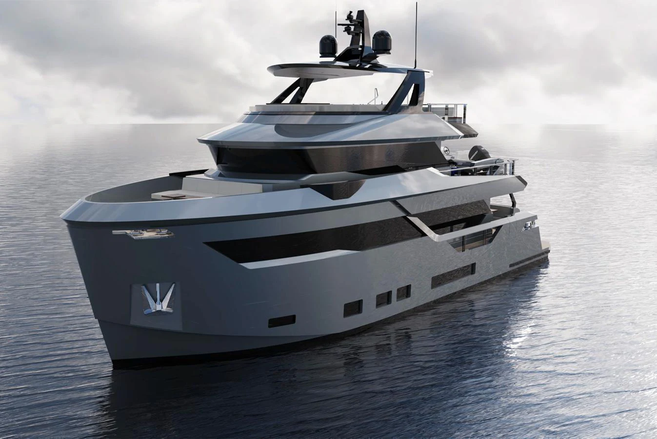 A sleek and modern yacht with a striking design glides gracefully on calm waters. aboard AES Yacht for Sale