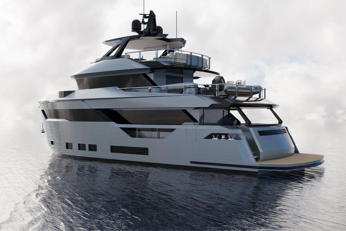 A sleek and modern yacht with multiple decks, cruising on calm waters under a cloudy sky. aboard AES Yacht for Sale