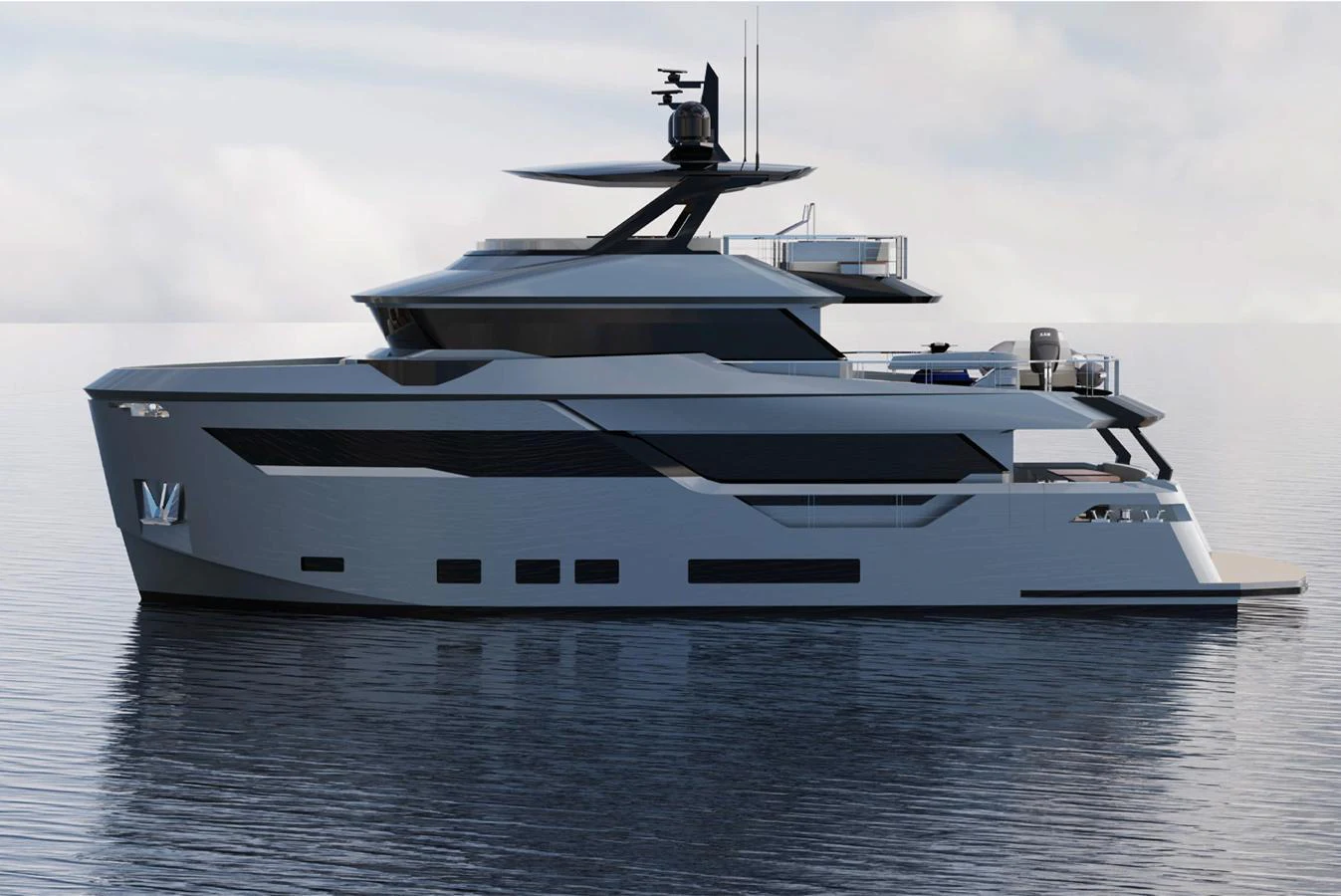 A sleek and modern yacht with a striking profile, cruising on calm waters. aboard AES Yacht for Sale