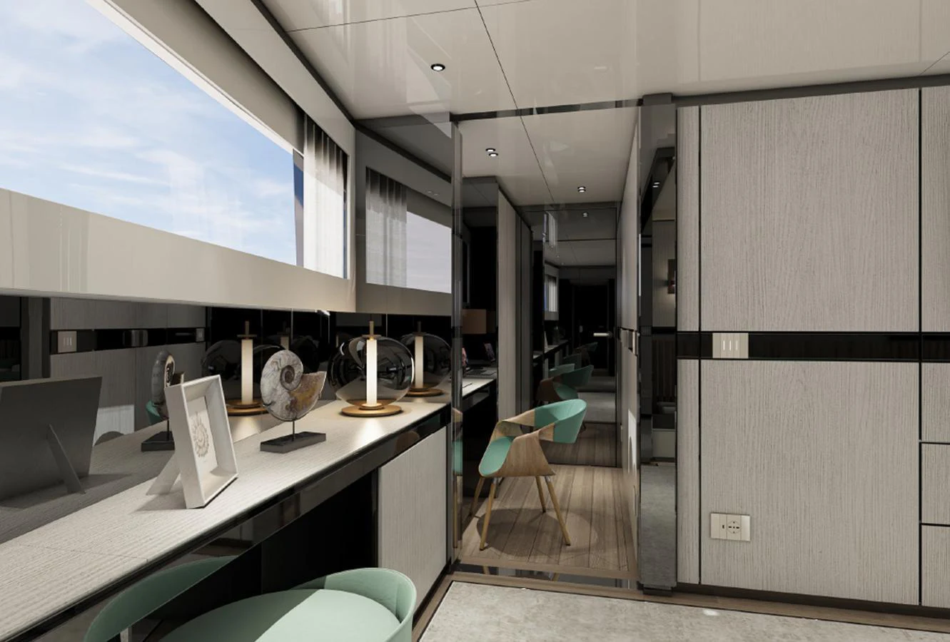 The yacht's interior features a modern and sleek design with stylish furnishings and ample natural light. aboard AES Yacht for Sale