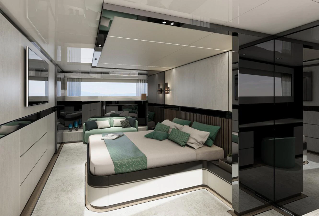 The master stateroom offers a spacious and luxurious retreat with modern furnishings and ample natural light. aboard AES Yacht for Sale