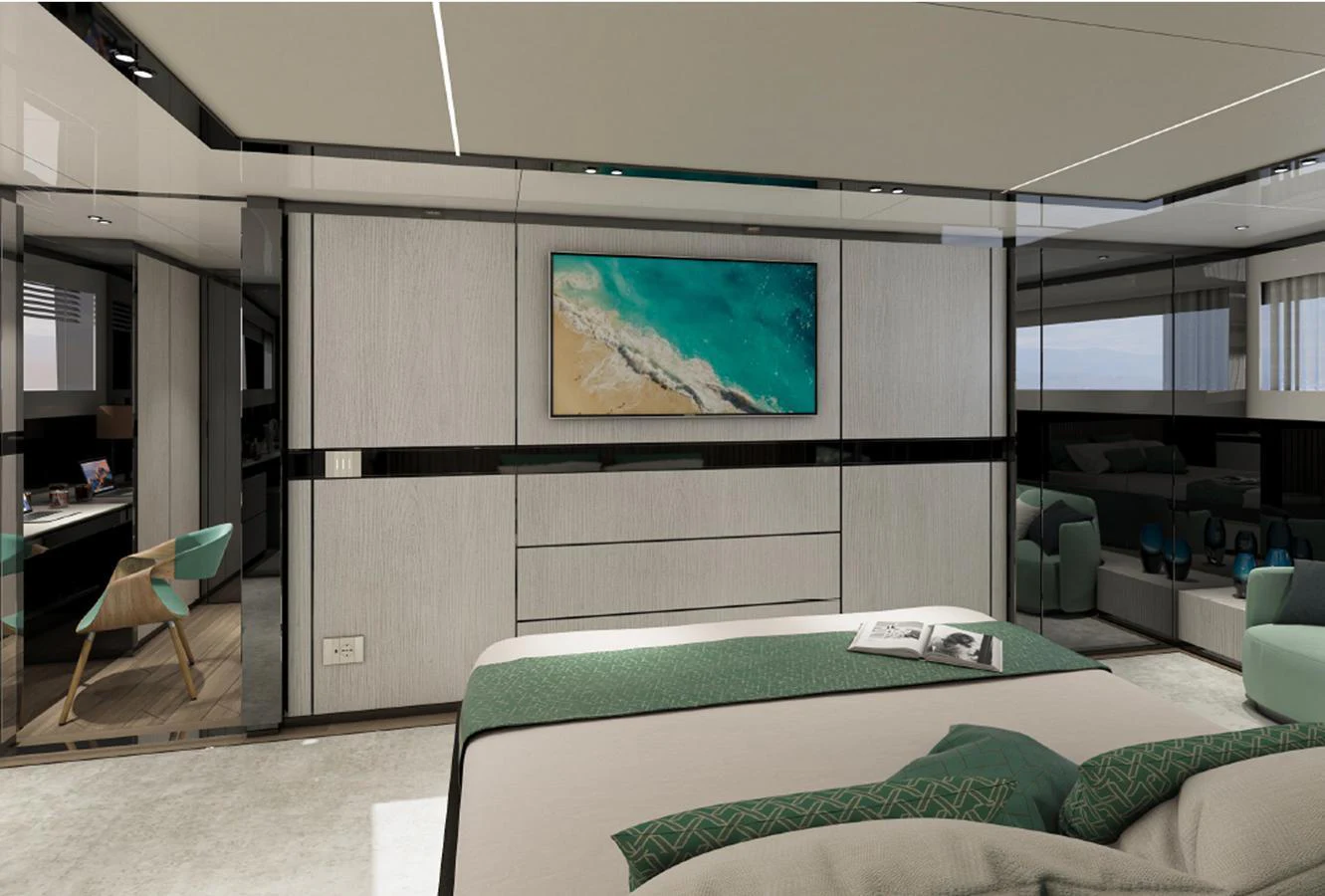 The master stateroom features a luxurious bed, modern furnishings, and a large flat-screen TV. aboard AES Yacht for Sale